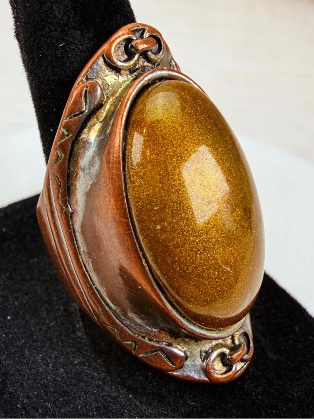 Vintage bohemian chic weightrd, aged metal statement ring, size 7 1/2